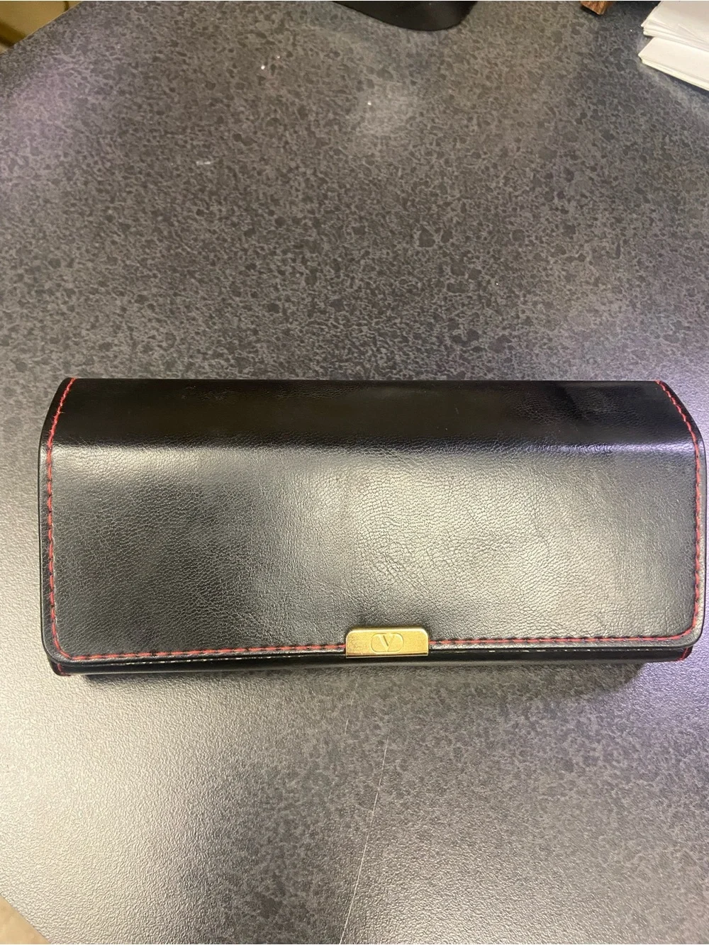 Valentino Black Leather Sunglasses Case with Red Stitching and Gold Snap